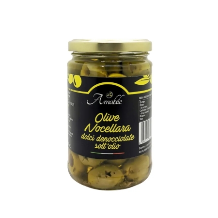 Olive Nocellara verdi dolci denocciolate sott'olio in vaso fronte